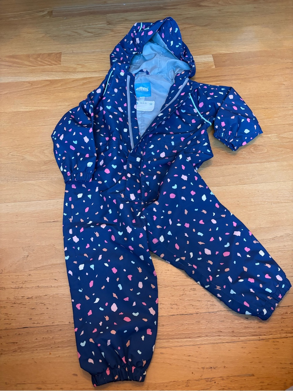 Children's Navy Hooded Rain One-Piece with Pink & White Confetti